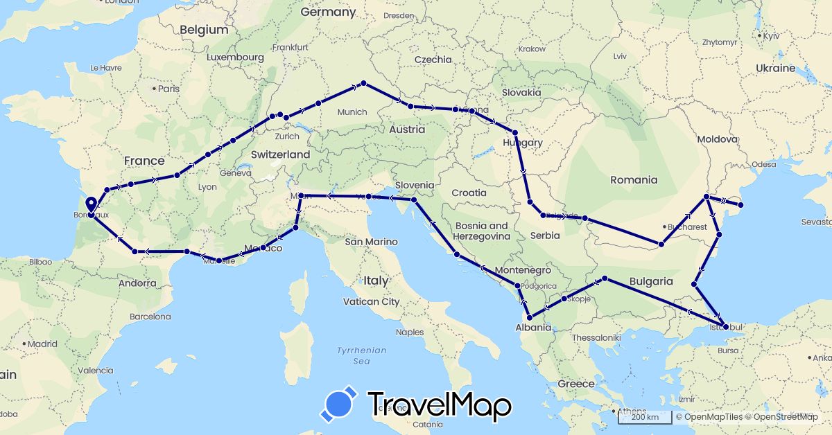 TravelMap itinerary: driving in Albania, Austria, Bulgaria, Germany, France, Croatia, Hungary, Italy, Monaco, Montenegro, Macedonia, Romania, Serbia, Slovakia, Turkey (Asia, Europe)
