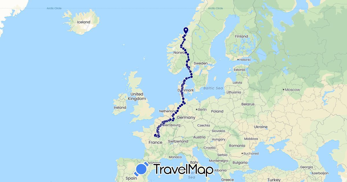 TravelMap itinerary: driving in Belgium, Germany, Denmark, France, Norway, Sweden (Europe)